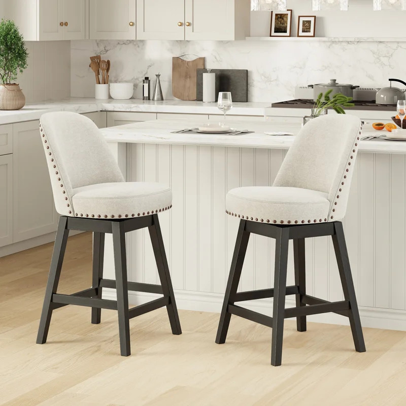 Vintage Upholstered Swivel Bar Stool with Solid Wood Legs (Set of 2) | Wayfair North America