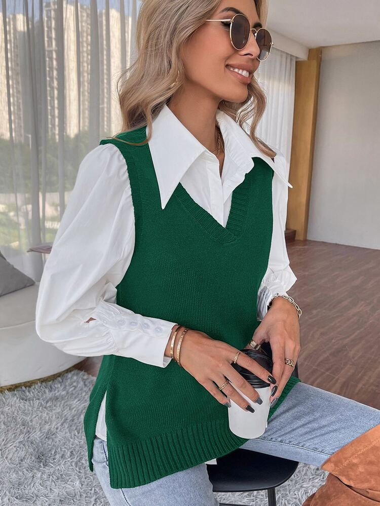 Felegant Split Hem Sweater Vest Without Blouse | SHEIN
