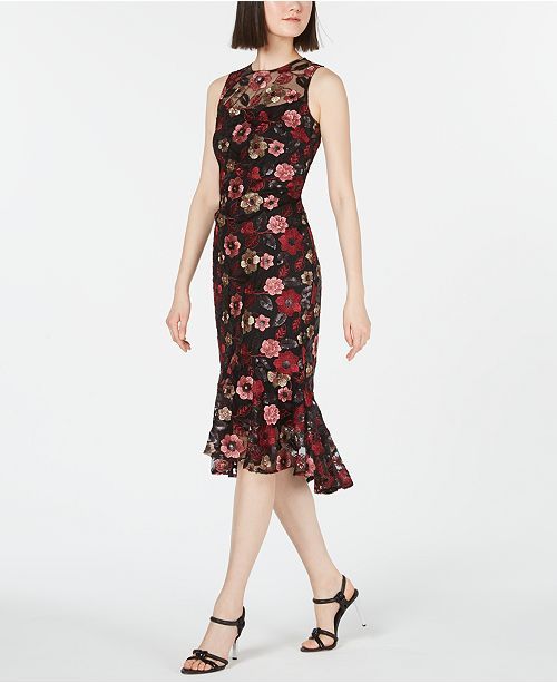 Calvin Klein Sequined Floral Embroidered Flounce Dress & Reviews - Dresses - Women - Macy's | Macys (US)