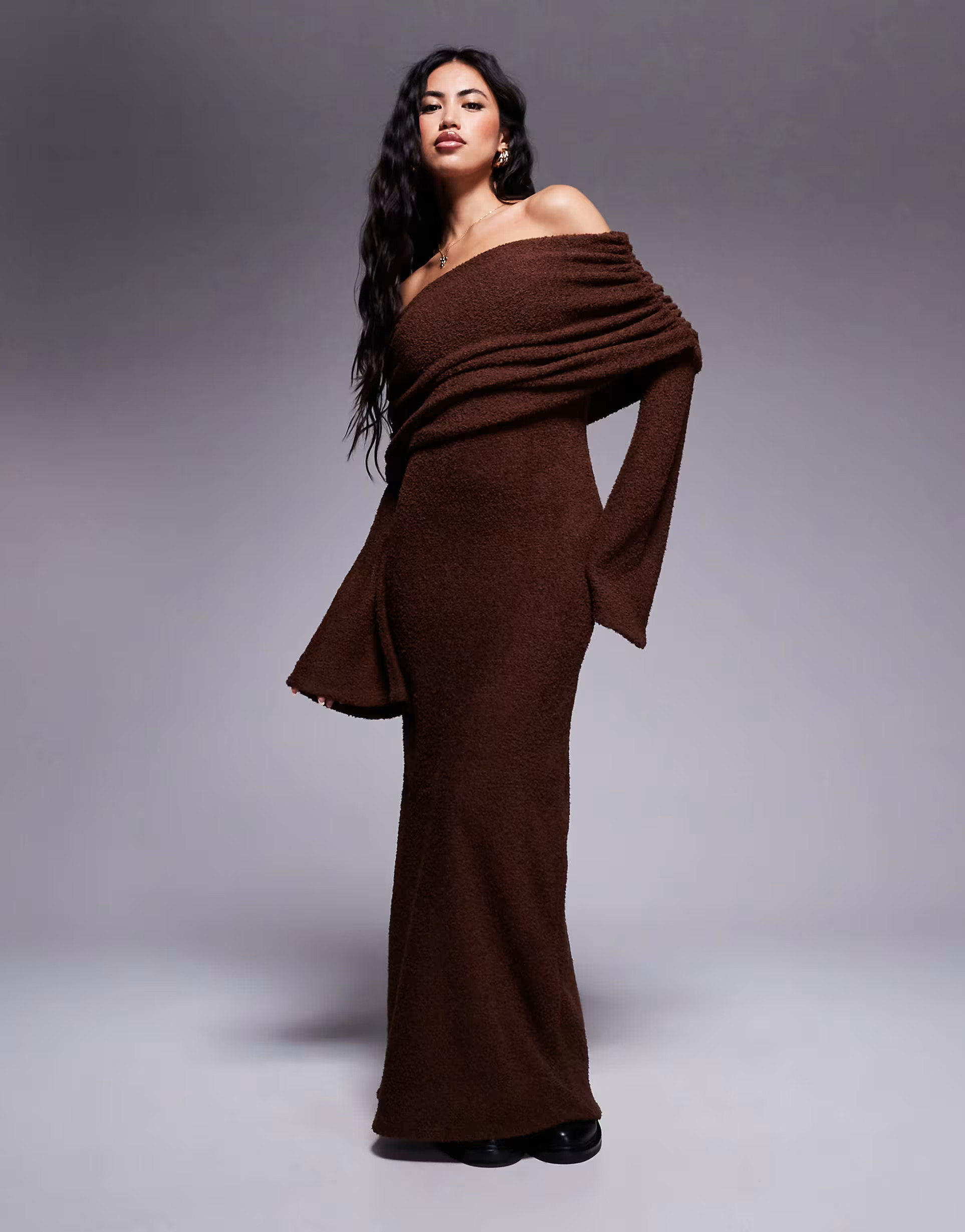 ASOS DESIGN fluffy long sleeve bardot midi dress in chocolate | ASOS (Global)