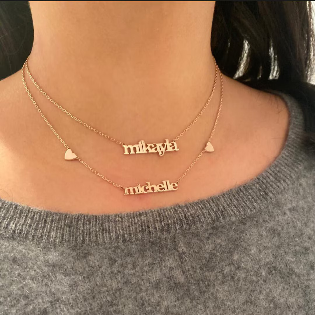 Sterling Silver Two Heart Michelle Nameplate Necklace - Etsy | Etsy (US)