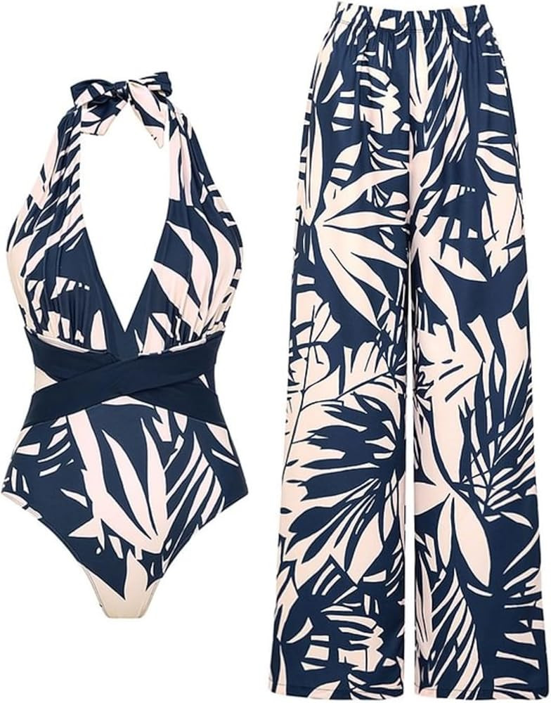 FLAXMAKER Women's One Piece V-Neck Adjustable Halter Leaf Print Bathing Suit Swimsuit and Skirt/P... | Amazon (US)