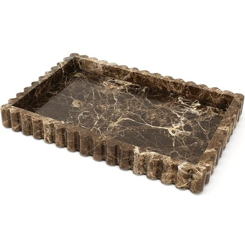 YMXYJM Natural Marble Tray for Bathroom, Real Stone Decorative Vanity Tray with Fluted Edge, Large Marble Serving Storage Tray for Kitchen Counter, Dresser, Home Decor, 11.8" x 8", Dark Brown | Amazon (US)