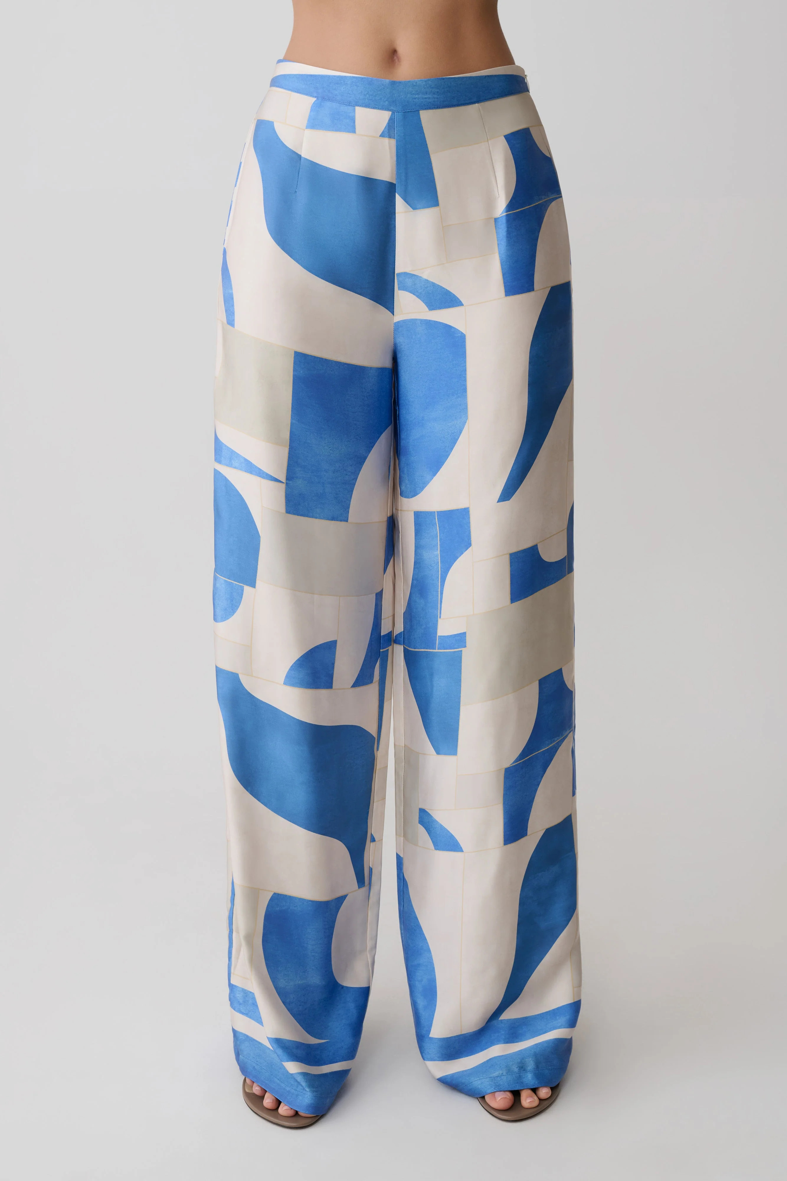 Rachel Satin Straight Leg Pants / Blue Geo Tile Print | MESHKI | S | MESHKI US