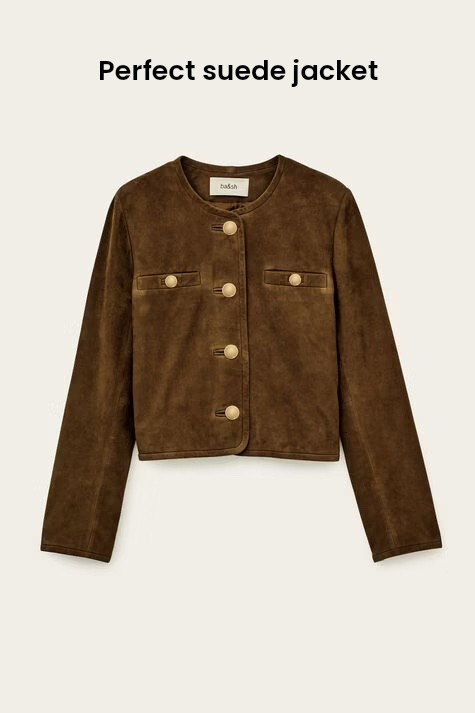 Perfect collarless suede jacket for fall 🤎 So chic!