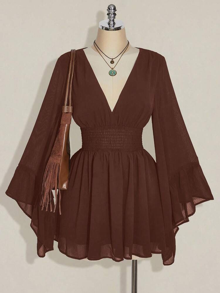 SHEIN ICON Plus Size V-Neck Ruched Waist A-Line Dress With Flare Sleeves, Boho, Hippie, Y2K Style... | SHEIN