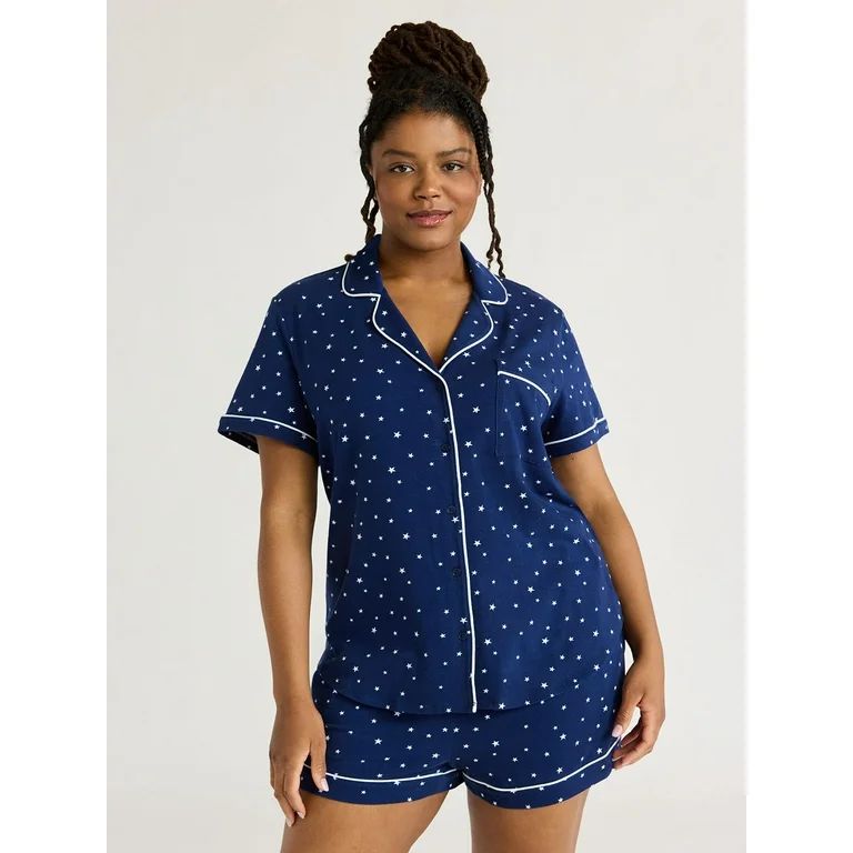 Joyspun Women's Cotton Blend Notch Collar Top and Shorts Pajama Set, 2-Piece, Sizes S to 4X | Walmart (US)