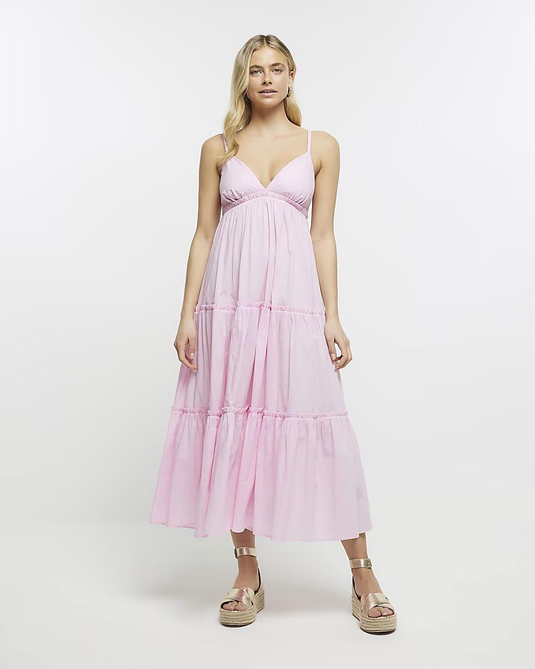 Pink tiered hem beach midi dress | River Island (UK & IE)