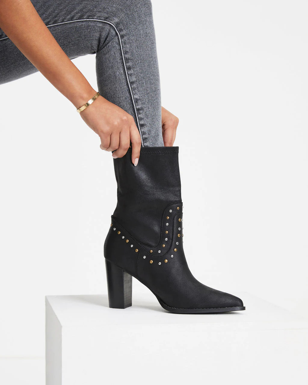 Dina Studded Faux Leather Heeled Boot - Black (8.5) | VICI