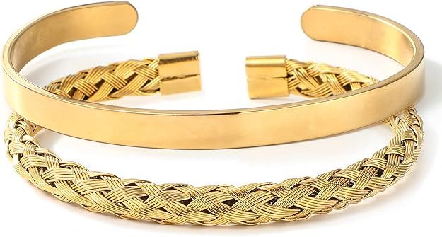 2 Pcs Stainless Steel Open Cuff Bracelet for Women Men 18K Gold Plated Plain Polished Finish Twis... | Amazon (US)