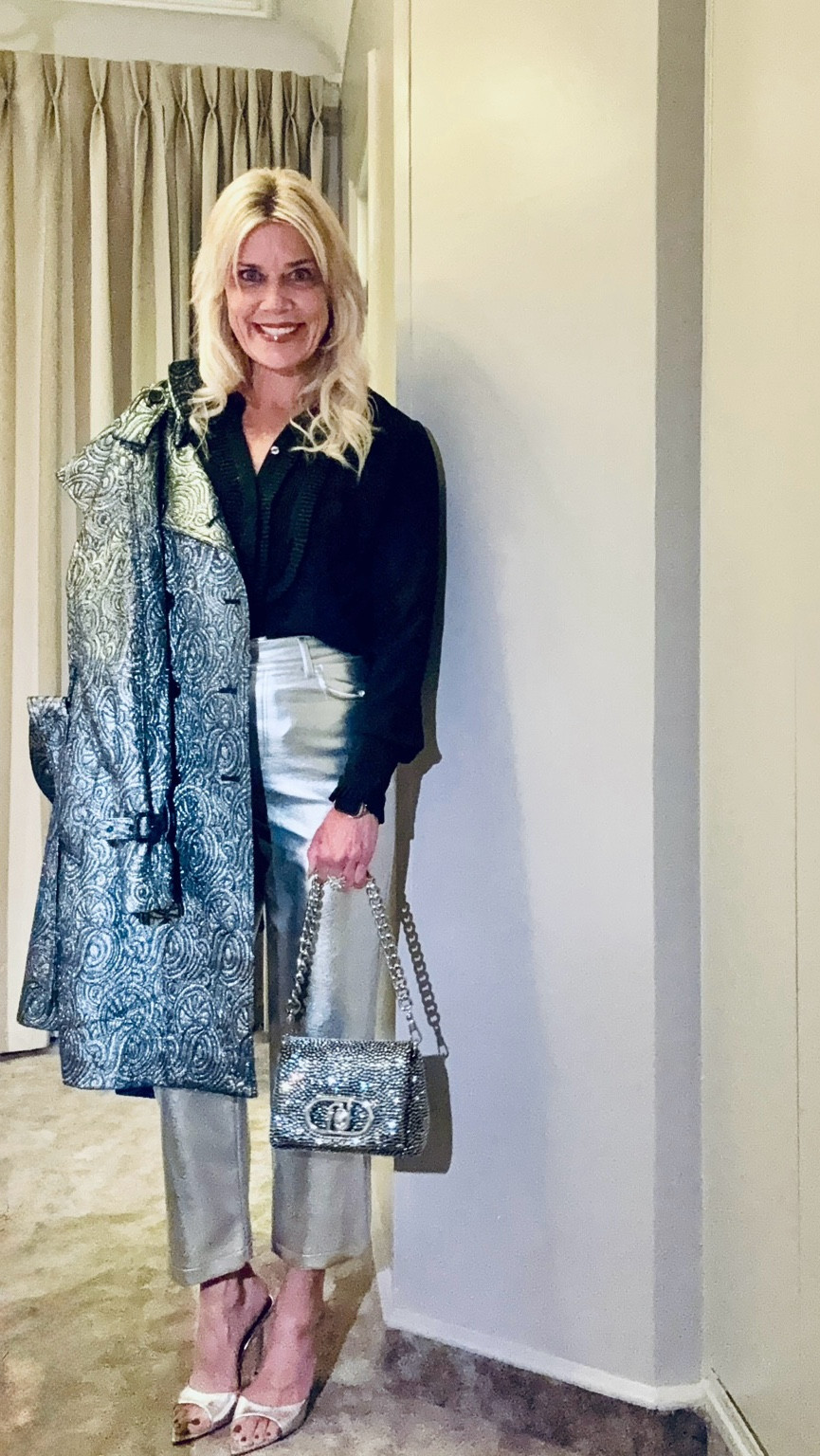Paris Outfit heading to Girafe, an elegant restaurant wearing dipped silver leather pants, a black tuxedo blouse, silver high heel sandals, a Liu Jo crystal black handbag (available in France only) and jarred wig a 3.1 Phillip Lim metallic trench coat. All future to size.

#LTKOver40 #LTKSaleAlert #LTKPetite