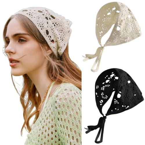 FULZTEY Crochet Bandanas Headbands for Women Black Bandana White Hippie Hairband Hallow Flower Head Scarf Knitted Floral Headwraps Vintage Head Kerchief Boho Hair Accessories 2Pcs | Amazon (US)