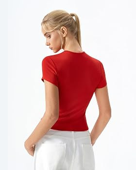 QINSEN Women's Crewneck Short Sleeve T Shirts Ribbed Button Going Out Trendy Tops | Amazon (US)