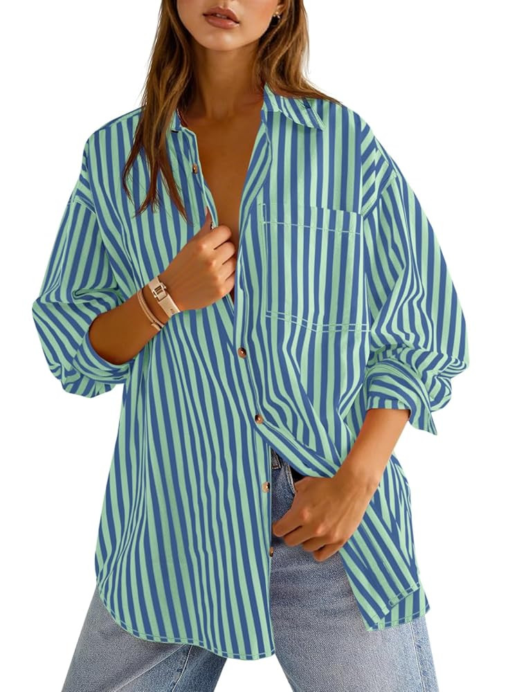 Cicy Bell Womens Oversized Striped Button Down Shirts Boyfriend Long Sleeve Collared Work Blouses | Amazon (US)