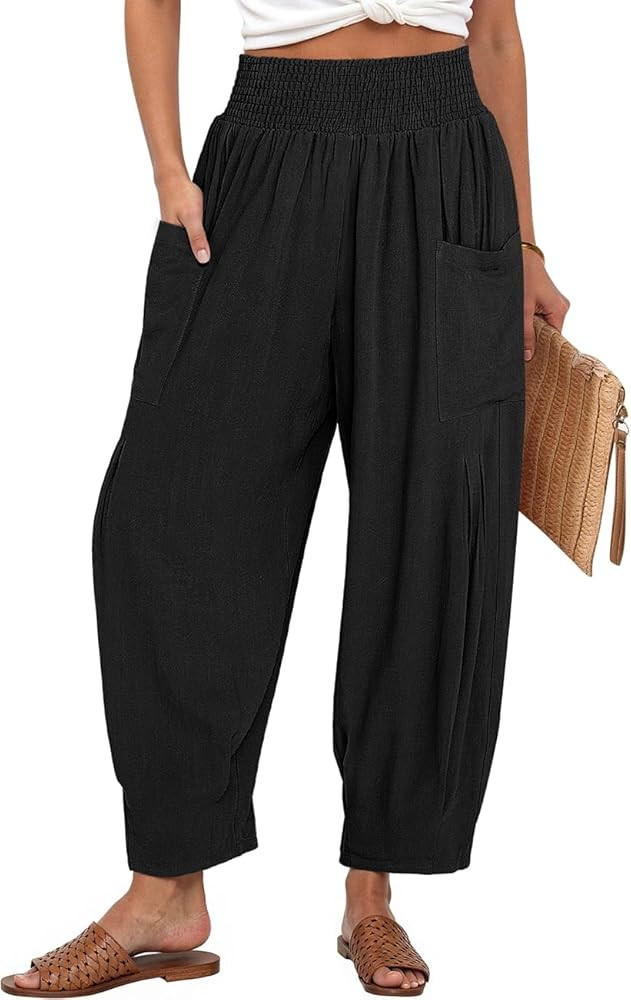 TARSE Women Linen Boho Pants Summer Casual Loose High Waist Cargo Lounge Harem Pant 2025 Beach Tr... | Amazon (US)