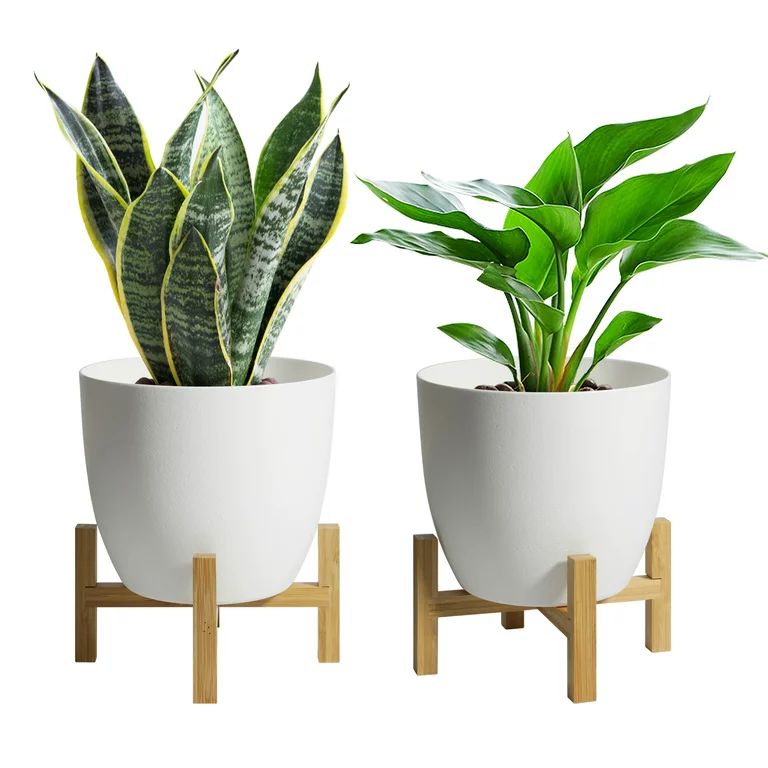 T4U 7 inches White Self Watering Planters, Plastic Plant Pots with Bamboo Stand for Modern Decora... | Walmart (US)