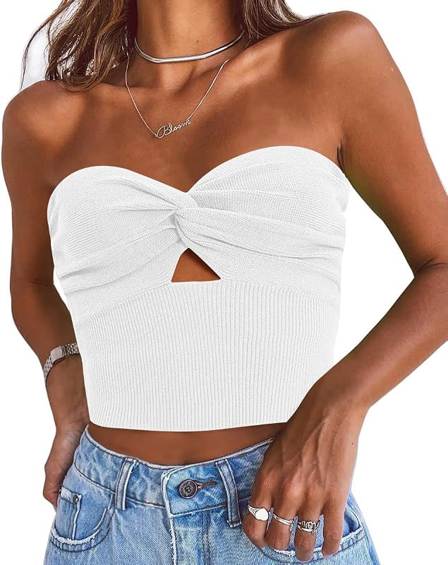 EFAN Womens Cut Out Twist Knot Front Tube Tops Bandeau Ribbed Knit Y2K Sexy Strapless Crop Tank Bust | Amazon (US)