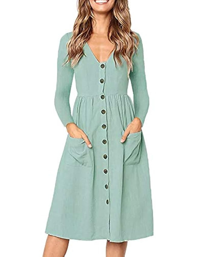 chimikeey Womens Long Sleeve Button Down V Neck Swing Midi A Line Dresses with Pocktes | Amazon (US)