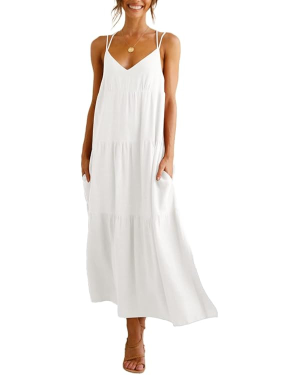 Febriajuce Women’s Summer Maxi Dress Casaul Spaghetti Straps Solid V-Neck Backless Cami Dresses... | Amazon (US)