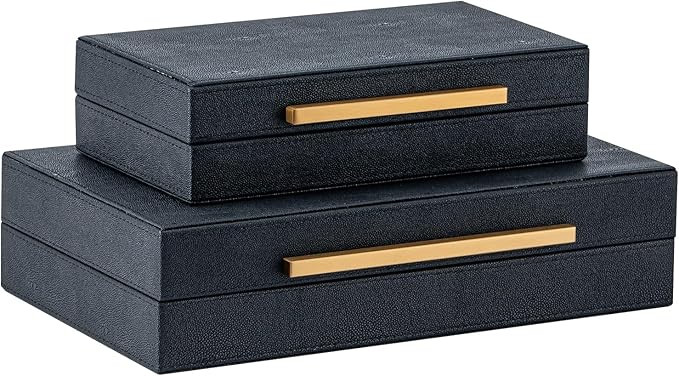 Set of 2 Black Shagreen Storage Boxes with Gold Metal Handles – Faux Leather Jewelry Organizer,... | Amazon (US)