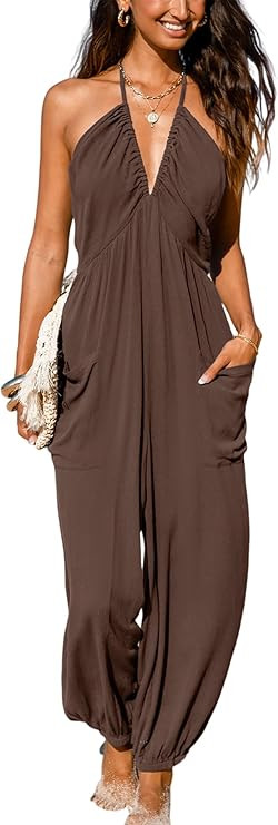 CUPSHE Women's Plunge Halter Sleeveless Pleated Long Romper Knit Jogger Maxi Jumpsuit with Pocket... | Amazon (US)