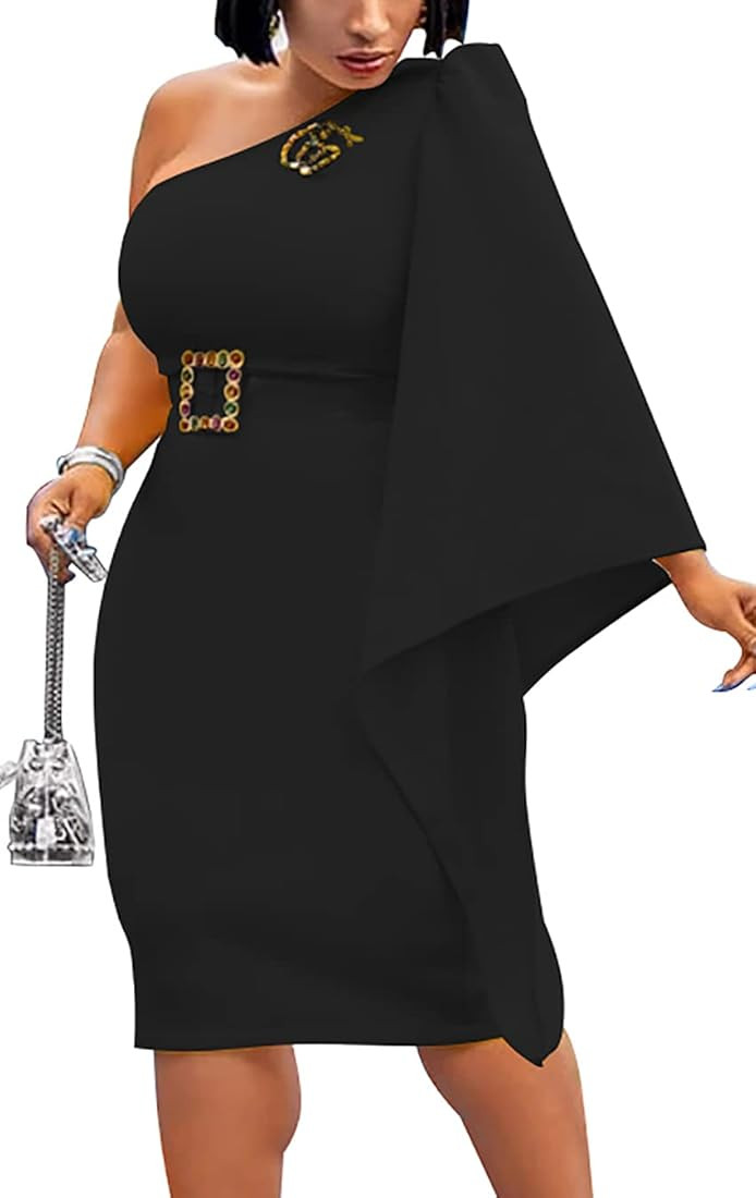 GOBLES Women's Elegant One Shoulder Bell Sleeve Bodycon Back Split Midi Party Dress | Amazon (US)