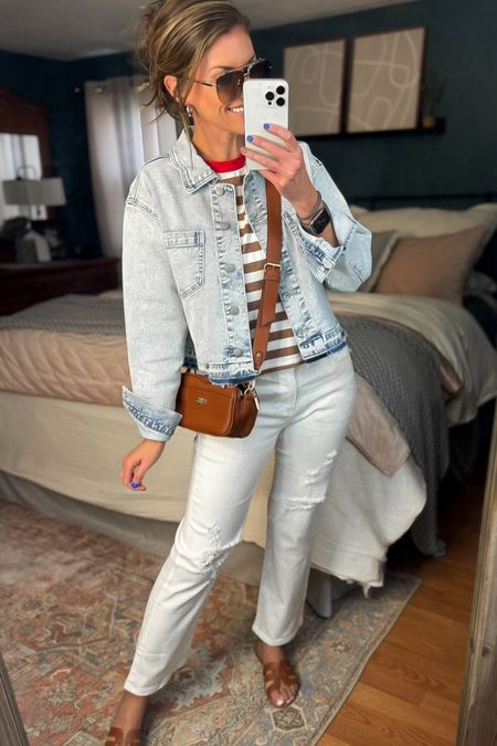 Casual Spring outfit idea. 
Jacket/ medium 
Tee/small
Jeans/10 would prefer 8 (size down if between)


#LTKSeasonal #LTKstyletip