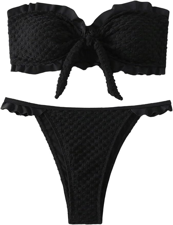 SweatyRocks Women's Two Piece Swimsuit Strapless Ruffle Knot Front Bandeau Bikini Set Thong Bathi... | Amazon (US)
