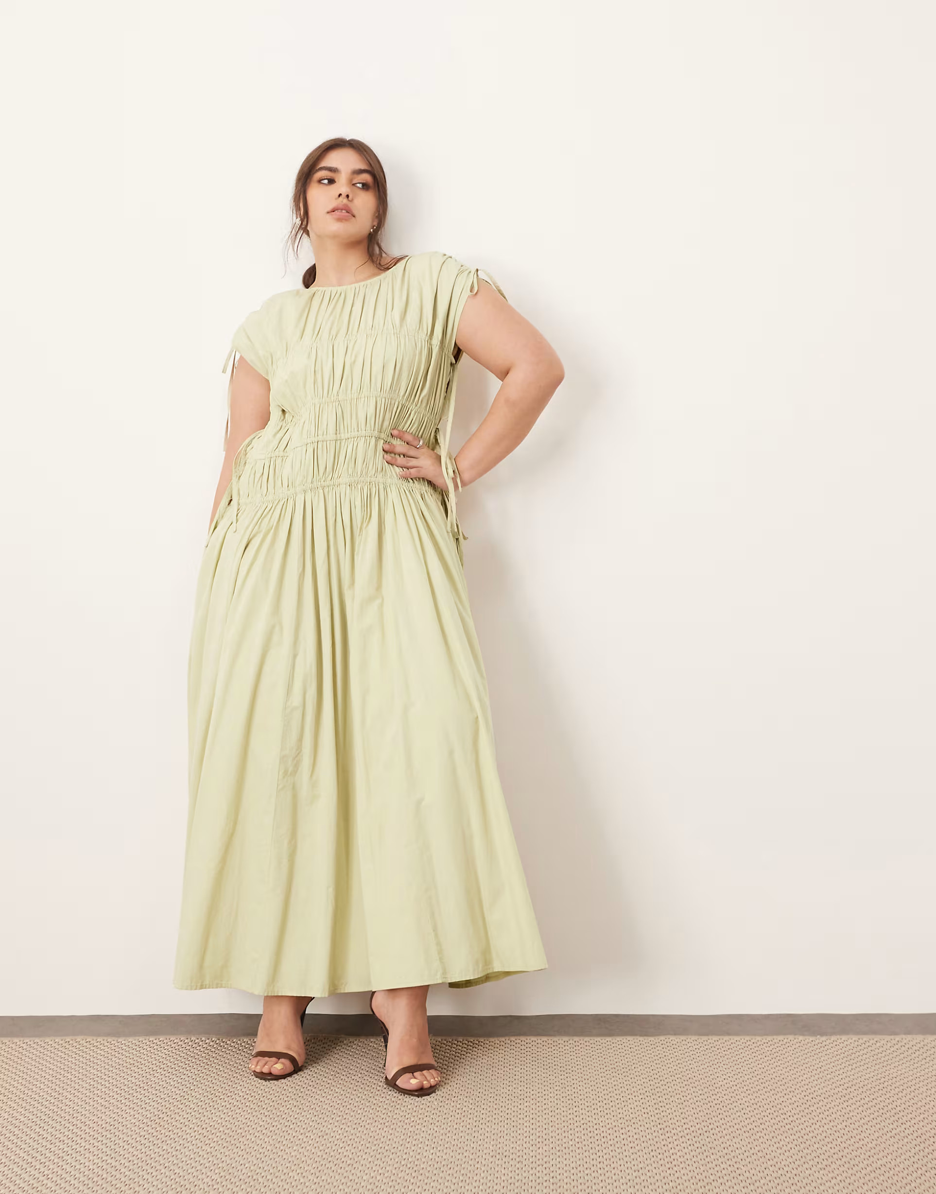 ARRANGE Curve clean cotton drawstring detail trapeze midi dress with pockets in washed sage | ASO... | ASOS (Global)