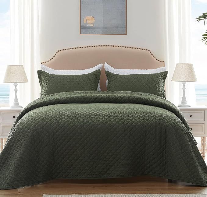 SunStyle Home Quilt Set Queen Olive Green Lightweight Bedspread Full Soft Reversible Coverlet for... | Amazon (US)