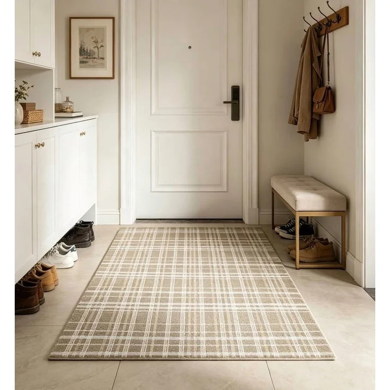 Plaid Indoor Outdoor Rug 4x6 Ft, Beige and White Checkered Washable Carpet for Living Room Bedroo... | Walmart (US)