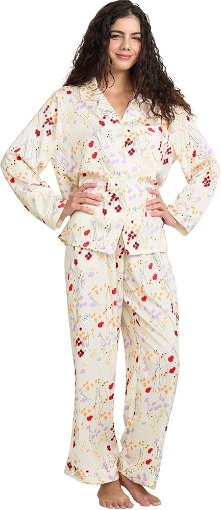 Womens Silk Satin Pajamas Set Button Down 2 Piece Pjs Long Sleeve Oversized Sleepwear with Pocket... | Amazon (US)
