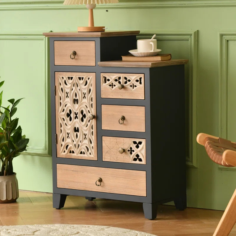 Fienley Farmhouse 21.6"W x 30.6"H x 11.8"D 1-Door Carved Wood Accent Chest With 5-Drawers, Rich N... | Wayfair North America