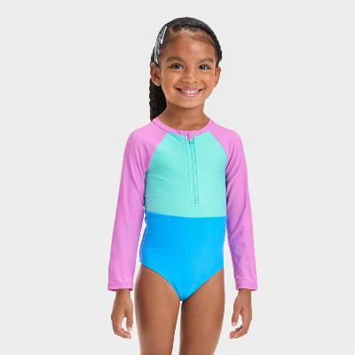 Toddler Girls' Long Sleeve Solid Colorblock One Piece Swimsuit - Cat & Jack™ | Target