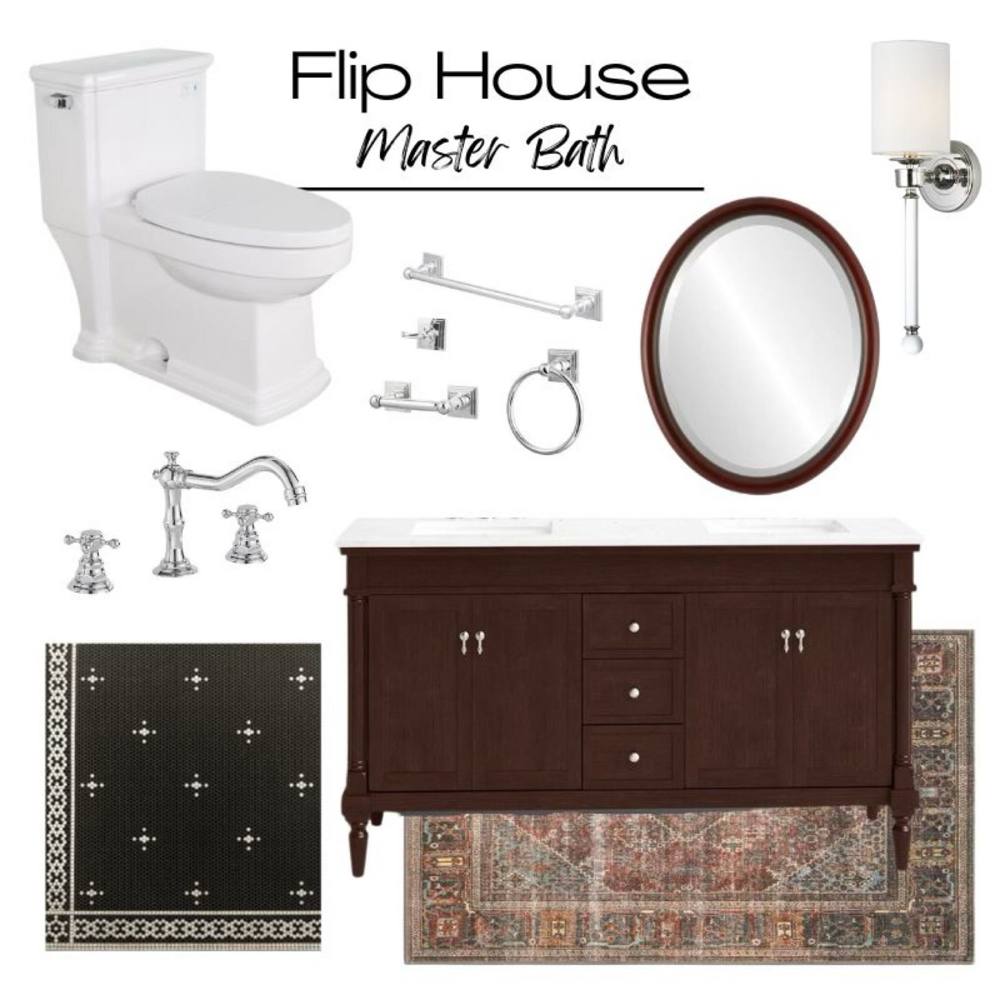 Classic modern bathroom, vanity, area, rug, floors, faucet, bathroom mirror, sconce, toilet

#LTKunder50 #LTKunder100 #LTKsalealert