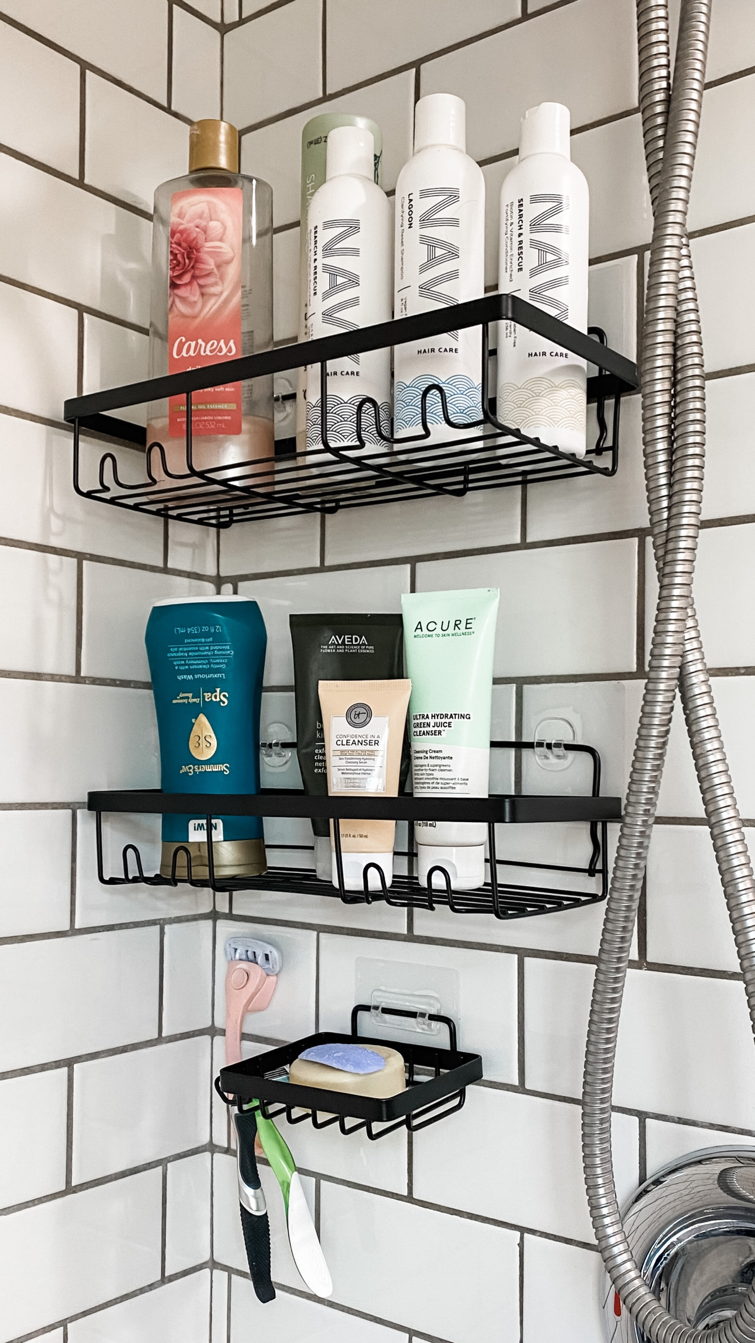 Moforoco Shower Caddy Shelf Organizer Rack, Self Adhesive Black Bathroom  Shelves