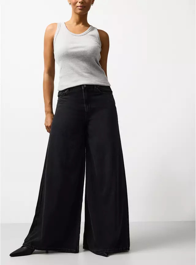 Washed Black Denim Flared Palazzo Jeans 22L | Tu Clothing