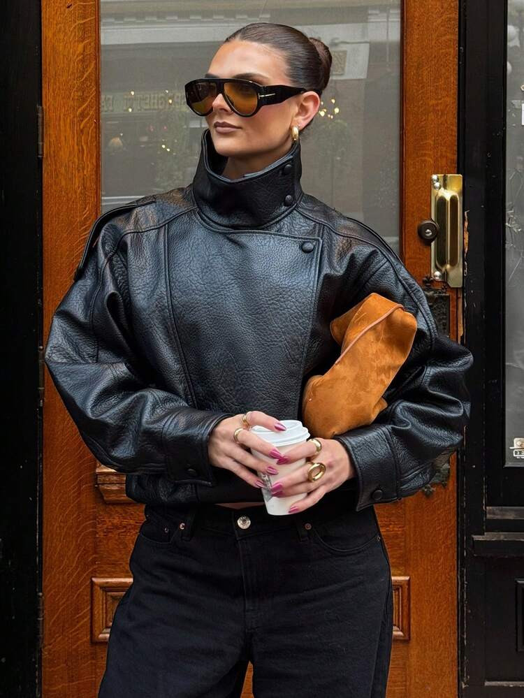Women's Black PU Leather Jacket, Long Sleeve Zip-Up Bomber Jacket, Autumn/Winter Outerwear, Street Style | SHEIN