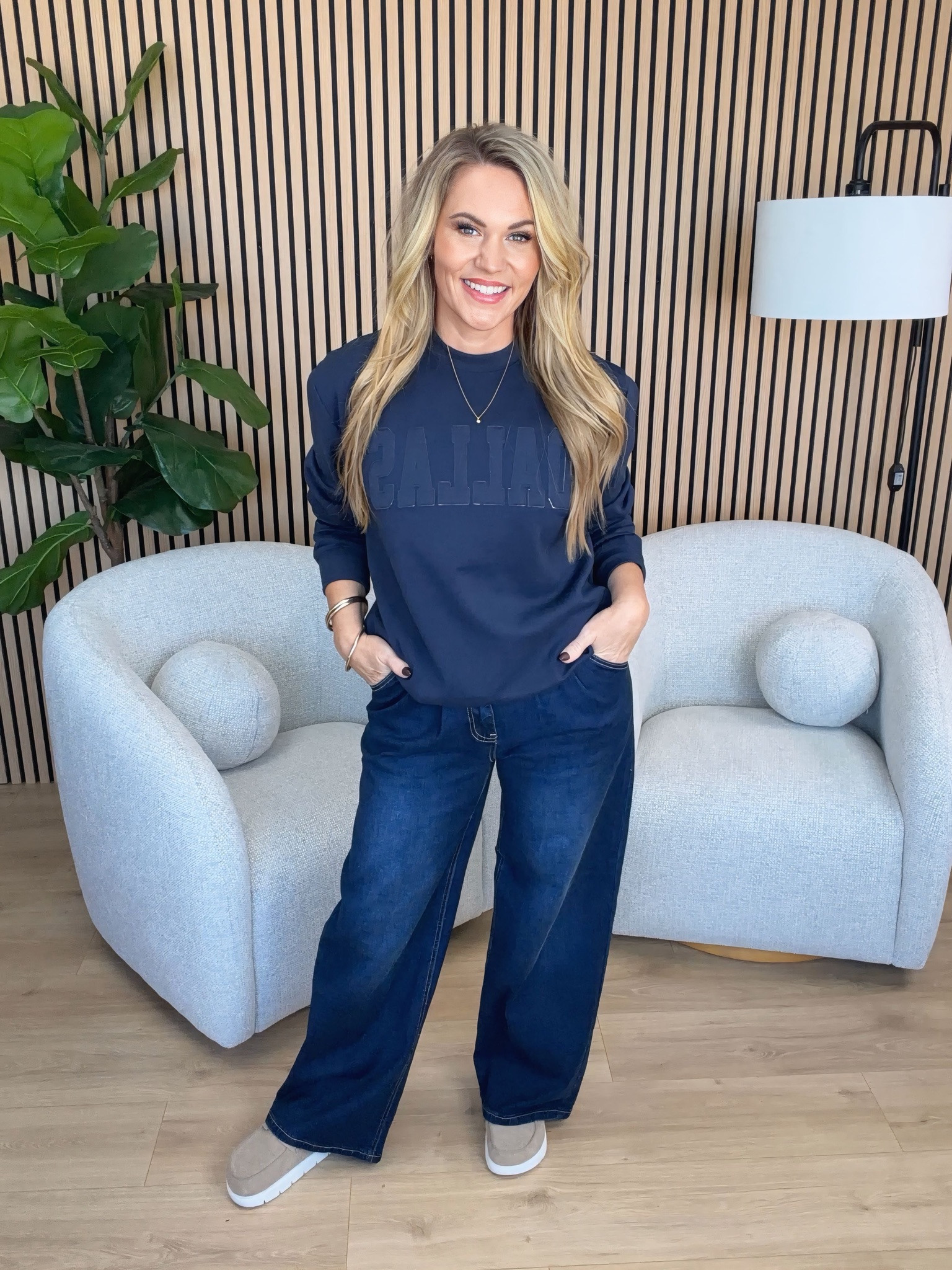 A Dallas sweatshirt is always a good idea! Loving this navy blue crewneck with the tonal raised Dallas lettering paired with dark wash wide leg jeans and neutral slip on shoes. Such an easy casual outfit for running errands, weekend plans, or a relaxed day at the office. I love how the navy and dark denim look together for fall!

Sizing: 5’3” | Medium sweatshirt | Size 6 denim | Size 7.5 shoes

Dallas sweatshirt, navy blue graphic sweatshirt, tonal Dallas crewneck, dark wash wide leg jeans, women’s casual fall fashion, Dallas Texas outfit, petite fall style, casual weekend outfit, relaxed fit denim, neutral slip on shoes, women’s everyday fashion, Audrie Dollins