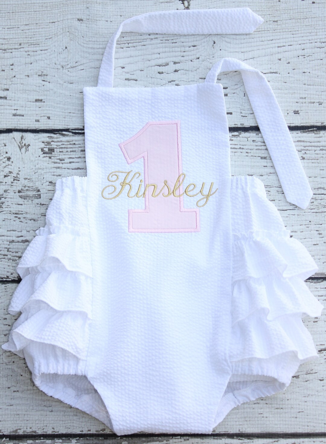 Pink and Gold Sunsuit Monogrammed, First Birthday Ruffle Bubble, White Ruffle Bottom Bubble - Ets... | Etsy (US)