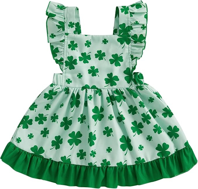 St Patricks Day Baby Girl Outfit Cute Shamrock Print Sleeveless Square Neck Party A-Line Dress | Amazon (US)