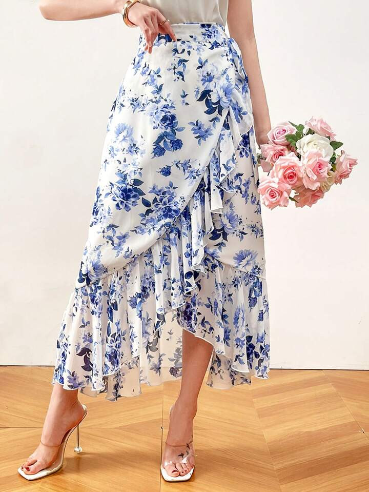 SHEIN Mulvari Women's Vintage Floral Printed Skirt With Lace Trim Decoration | SHEIN