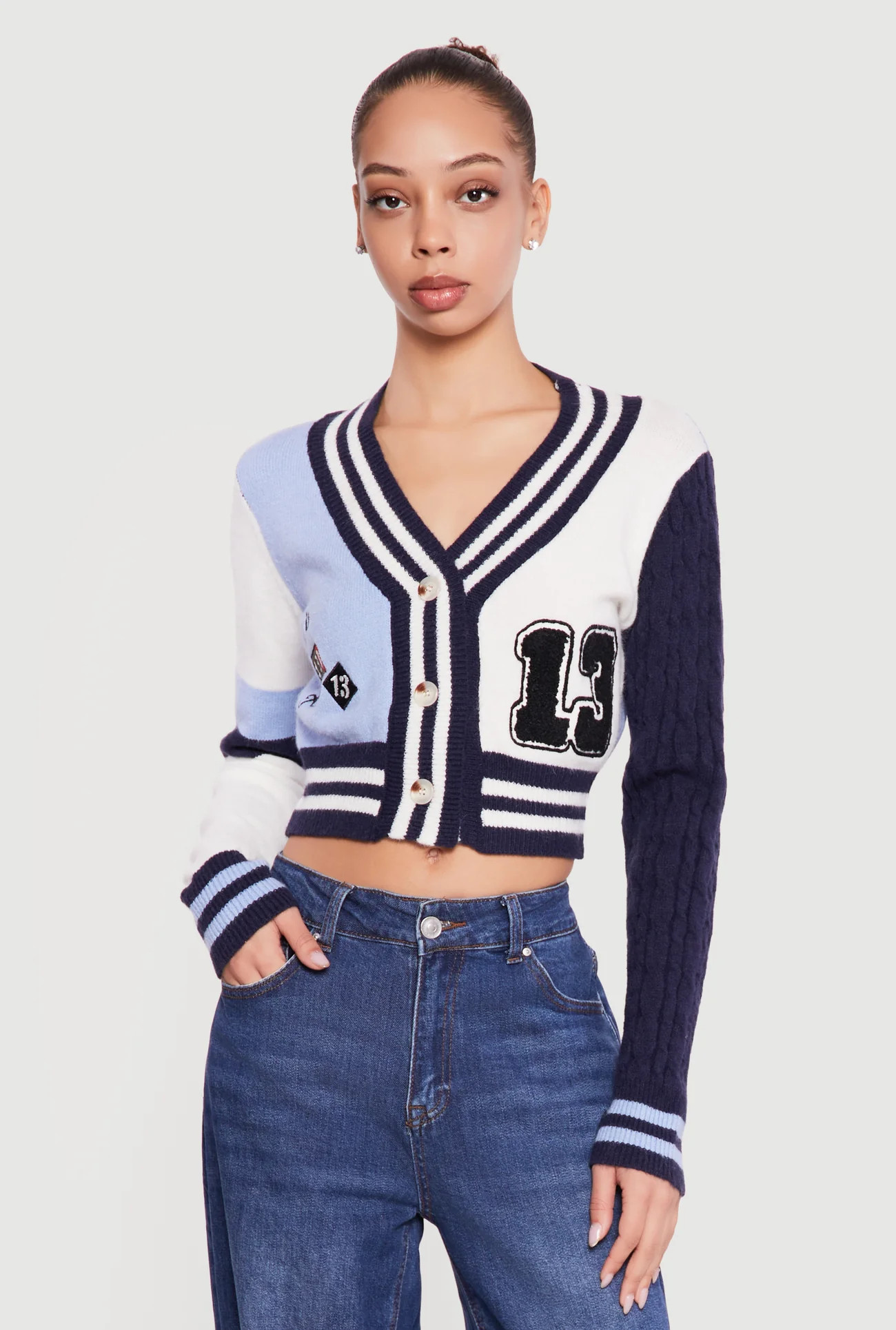 13 Graphic Patch Varsity Cropped Cardigan | Rainbow Shops