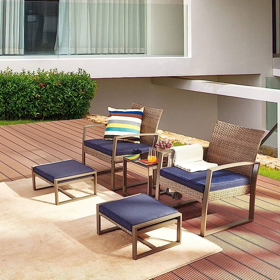 LOKATSE HOME 5-Piece Wicker Outdoor Conversation Set Patio Furniture PE Rattan All Weather Cushio... | Amazon (US)
