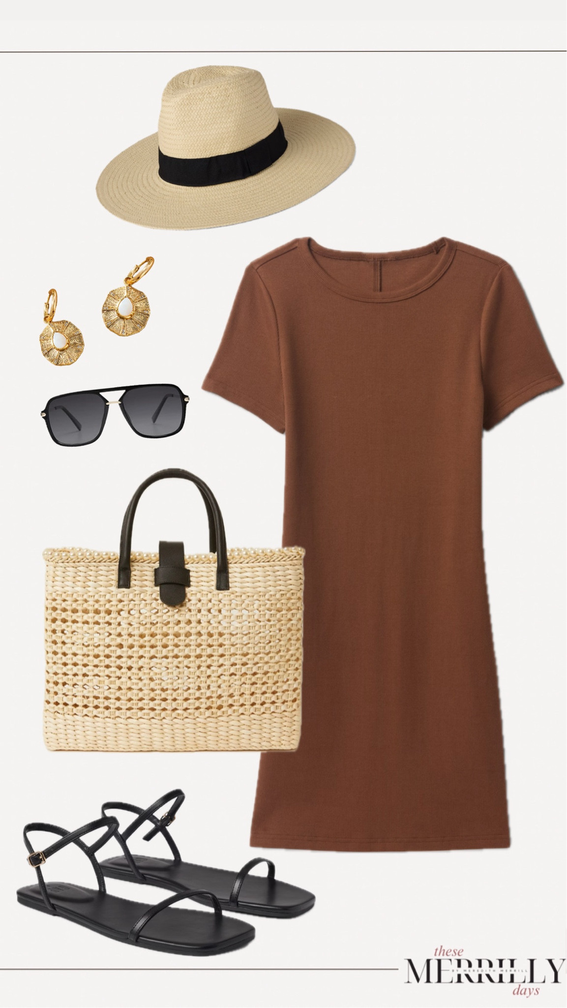 Casual Spring or Summer outfit! Beach dress / vacation dress / tee shirt dress / black sandals / straw hat / straw bag

#LTKStyleTip #LTKShoeCrush #LTKItBag