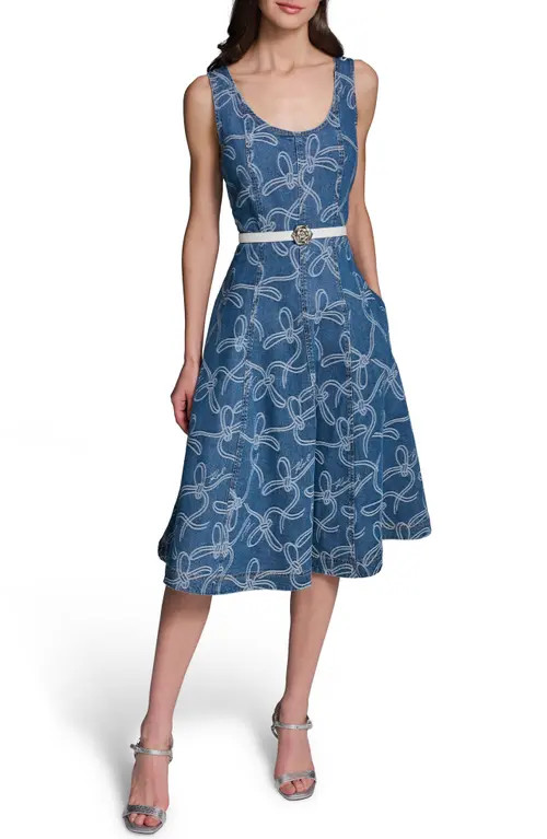 KARL LAGERFELD PARIS Sleeveless Belted Denim Dress in Medium Indigo at Nordstrom, Size 14 | Nordstrom