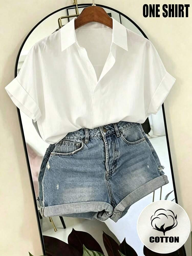 Franclia Fashionable French Design White Women's Shirt,Loose Batwing Sleeve Lapel Short Sleeve To... | SHEIN
