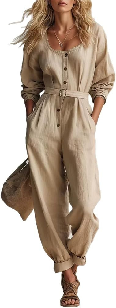 Women's Casual Jumpsuit Square Neck Button Loose Long Pant Rompers | Amazon (US)
