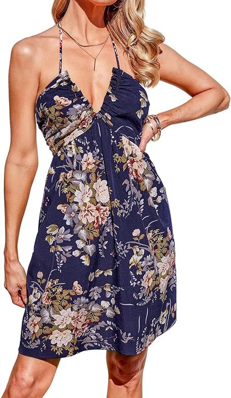 CUPSHE Women Floral Print Halter Slip Dress Summer Boho Beach Mini Dresses | Amazon (US)