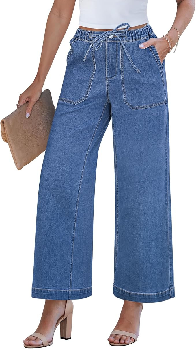GRAPENT Wide Leg Jeans for Women Trendy High Waisted Drawstring Tie Elastic Waist Stretchy Denim ... | Amazon (US)